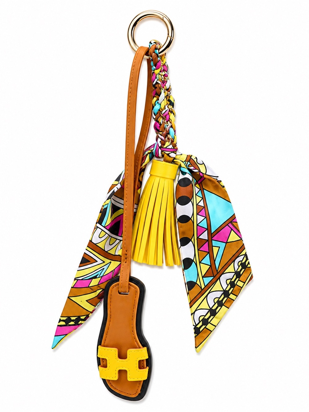 Tassel Bag Charm with Yellow Accent and Multicolor Scarf